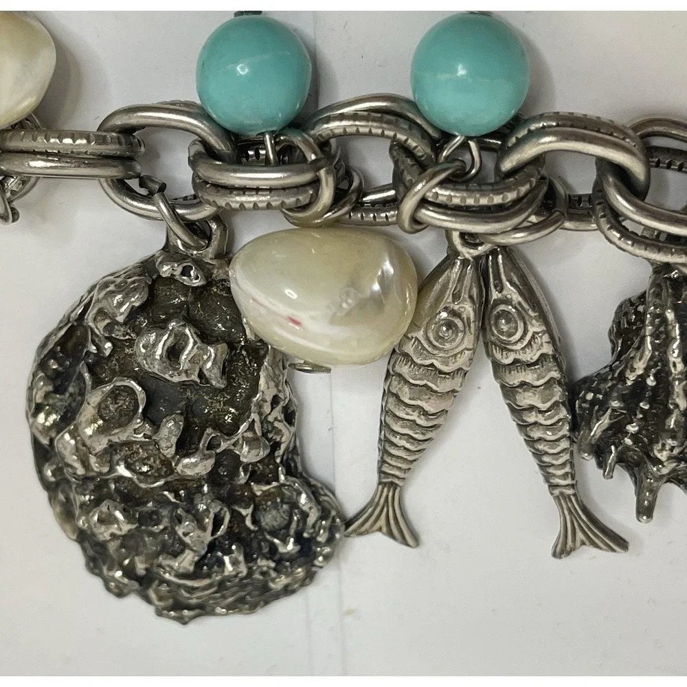 Vtg. German Seashell Charm Bracelet Silver Tone 7